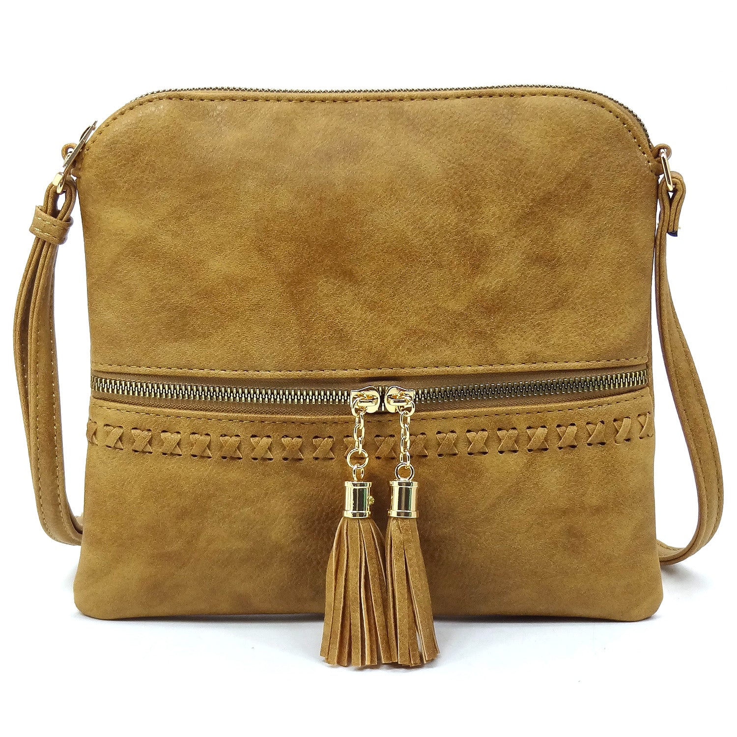 Whipstitch Tassel Zipper Crossbody Bag