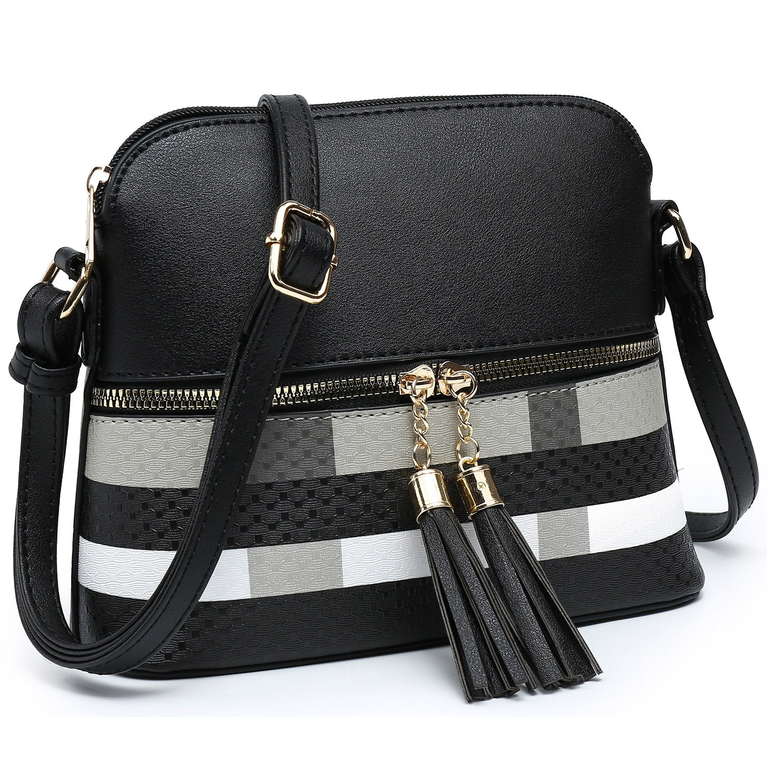 Plaid Check Colorblock Tassel Zipper Dome Crossbody Bag